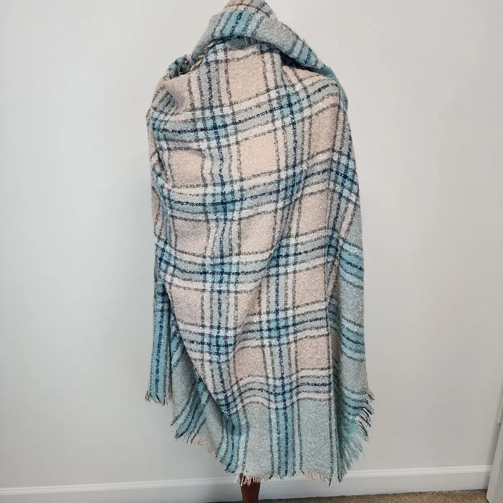 Simply Southern Chunky Knit Plaid Scarf Shawl Wrap Blue Pink Oversized 55x55